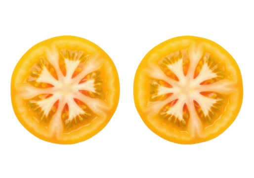 Two vibrant yellow ripe tomato slices, translucent flesh, dark seeds, intricate locules, perfectly cut, centered on a transparent background with copy space, professional studio lighting, concept of
