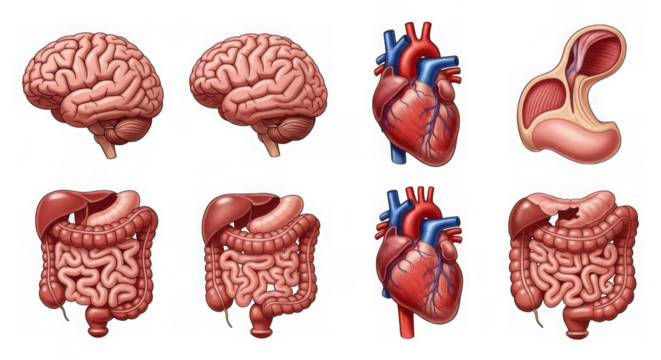 Illustration of human internal organs including brain, heart, and intestines