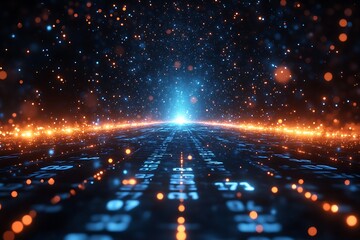 Abstract digital landscape with glowing numbers, bokeh lights, and futuristic tech visuals