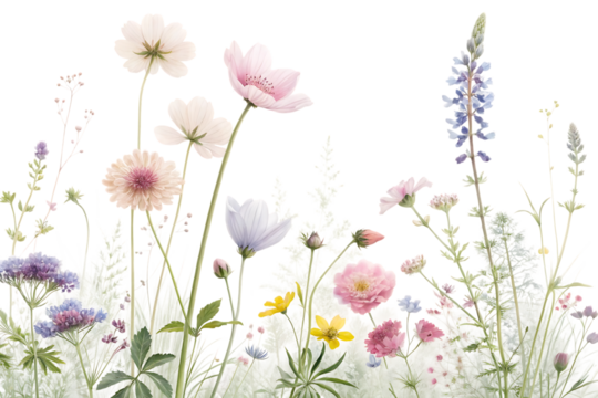 Delicate watercolor floral border with soft pastel wildflowers and green foliage isolated on transparent background