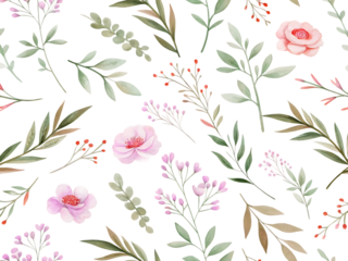 Delicate watercolor floral pattern with soft pink roses and green foliage scattered across a dark background isolated on transparent background
