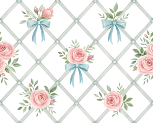 Delicate watercolor pink roses with green leaves and light blue bows arranged in a repeating pattern on a black diamond grid isolated on transparent background