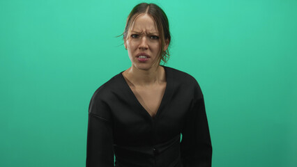 Hispanic woman raising a clenched fist and grimacing with snarled face in a studio green backdrop;...