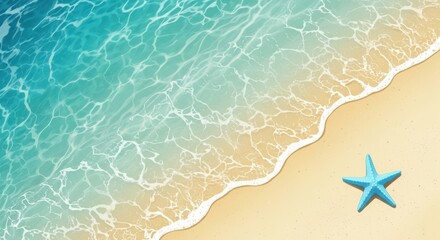 A beautiful turquoise wave gently washes onto a golden sandy beach, with a bright blue starfish resting on the shore, evoking a sense of tropical paradise and summer relaxation