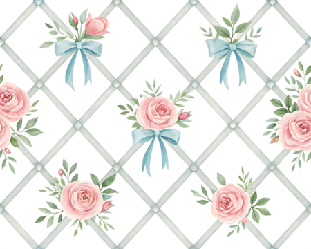 Delicate watercolor pink roses with green leaves and light blue bows arranged in a repeating pattern on a black diamond grid isolated on transparent background