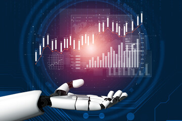 A futuristic robotic hand presents dynamic financial data and graphs in a digital environment, representing the intersection of technology and business analytics. Scalp