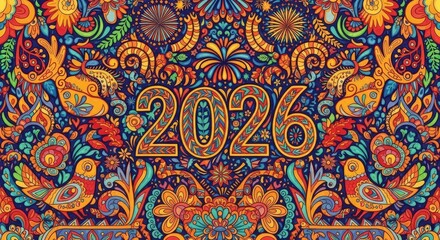 Floral Folk Art Celebration 2026 - Vibrant folk art celebrates 2026. Floral patterns symbolize growth, birds represent hope, bright colors evoke joy, circles signify unity, and detailed art showcases