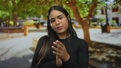 Obraz premium Woman with hands clapping in a park, young latin hispanic and outdoors amidst green trees, bored look visible.