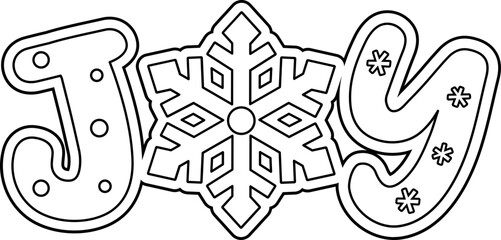 Christmas "JOY" cookie text outline and template.
Gingerbread "JOY" text Children's coloring pages.
The word joy and snowflakes.
Transparent background. SVG.