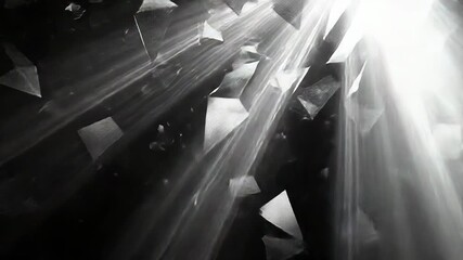 Light rays breaking through darkness with flying irregular fragments
