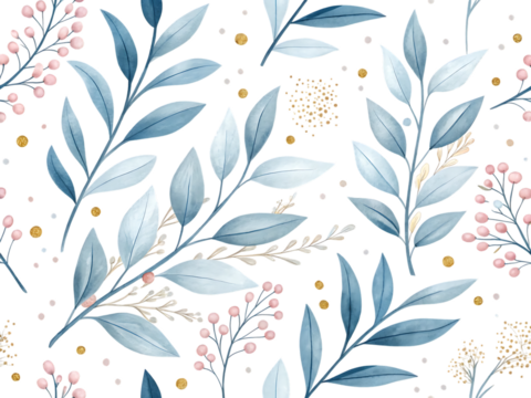 Elegant watercolor botanical pattern featuring delicate blue green leaves and small pink berries on a dark background isolated on transparent background