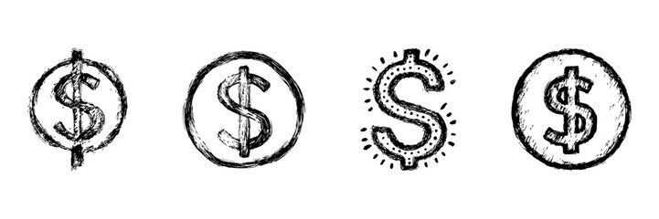 Dollar Sign Line Icon Set In Doodle Style. Financial Symbol, Currency, And Economic Representation Outline Sketch Collection. Hand Drawn Isolated Vector Illustration