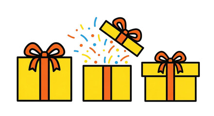Three yellow gift boxes with orange ribbons and bows, one box is open with colorful confetti exploding out