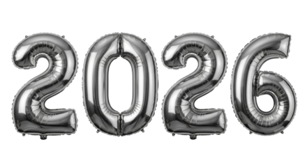 Silver foil balloons spelling out the number 2026