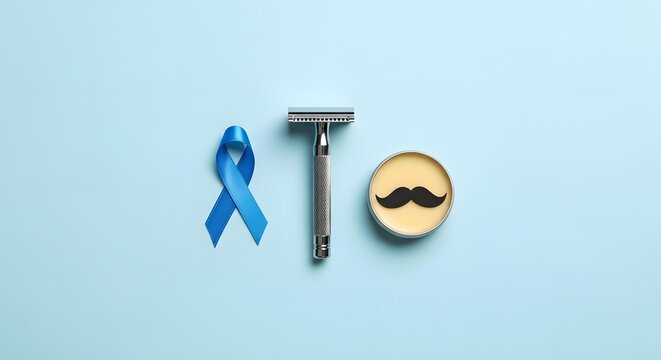 Flat lay of a blue ribbon, razor and mustache pin on a light blue background for prostate cancer awareness