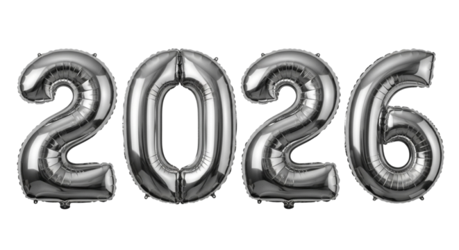 Silver foil balloons spelling out the number 2026