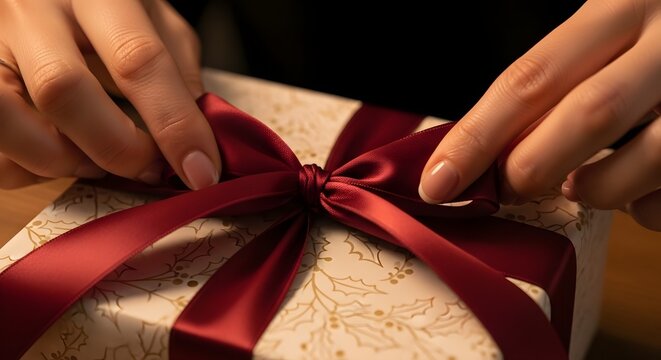 Close-up of hands tying a red ribbon on a gift box with a floral pattern in a dark background.