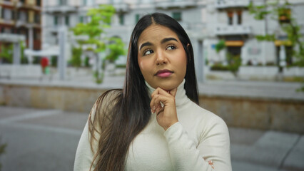 Fototapeta premium Young woman pondering outdoors on a vibrant urban street, surrounded by greenery and apartment buildings, exuding contemplation and elegance in a fashionable setting.