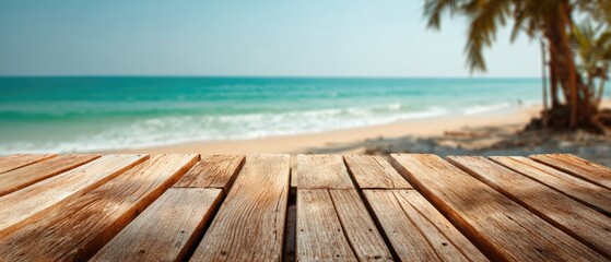 Fototapeta premium Tropical Beachfront Wooden Deck Overlooking Serene Ocean with Palm Trees