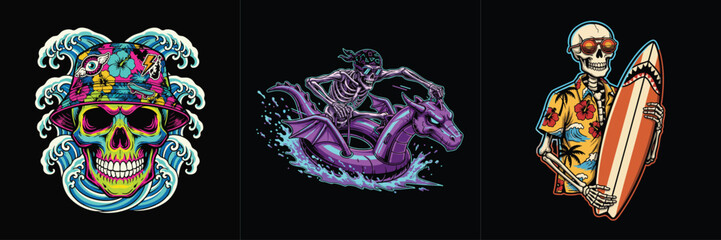 Fototapeta premium Stylized skeleton surfer with surfboard and skull with bucket hat on waves