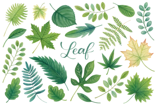 Collection of diverse green and yellow autumn leaves and branches with artistic watercolor texture isolated on transparent background