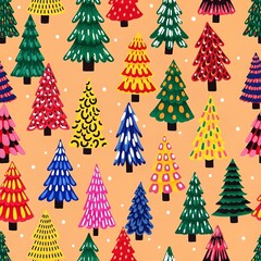 Obraz premium A vibrant and festive seamless pattern featuring numerous stylized Christmas trees in various bright colors on a light orange background with white dots.