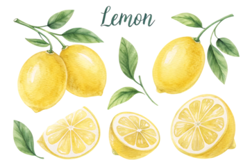 Watercolor illustration of fresh ripe yellow lemons with green leaves on a black background isolated on transparent background