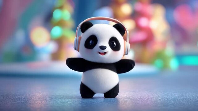 Cute cartoon panda wearing headphones and dancing happily in a festive, blurred background with bokeh lights