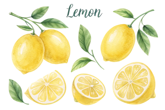 Watercolor illustration of fresh ripe yellow lemons with green leaves on a black background isolated on transparent background