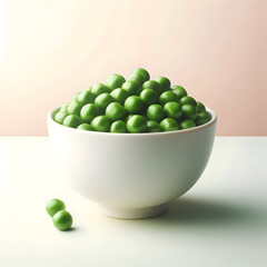 a simple white bowl filled with steamed green peas, clean arrangement, natural sheen, soft pastel background. Simple, commercial, realistic, no additional styling