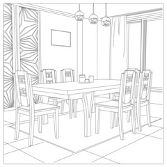 Elegant line art illustration of a modern dining room with table, chairs, lighting and wall decor.
Perfect for interior design guides, furniture catalogs, home decor projects and architectural visuals