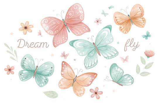 Whimsical watercolor illustration of delicate pastel butterflies and small flowers with inspirational text dream fly isolated on transparent background