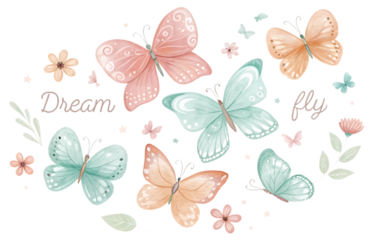 Whimsical watercolor illustration of delicate pastel butterflies and small flowers with inspirational text dream fly isolated on transparent background