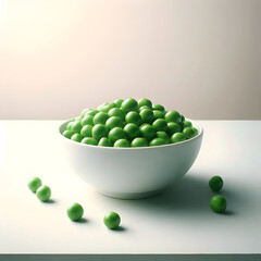 a simple white bowl filled with steamed green peas, clean arrangement, natural sheen, soft pastel background. Simple, commercial, realistic, no additional styling