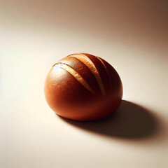 A single artisan bread roll with a glossy top, subtle golden crust, placed on a soft beige background. Minimalistic, clean food styling, realistic texture, warm editorial lighting