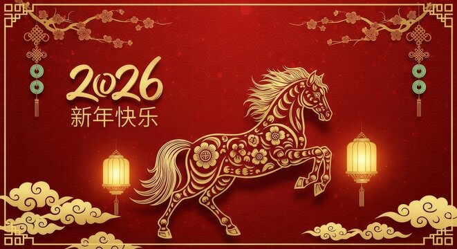 Golden Horse Year of the Fire Horse - Celebrating the Year of the Fire Horse in 2026 with golden horse, traditional symbols, lanterns, clouds, and red background conveying prosperity, luck, joy,