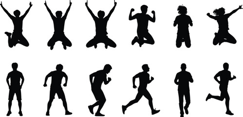 people, silhouette, icon, vector, black, jump, run, pose, fitness, motion, energy, celebration, active, exercise, design