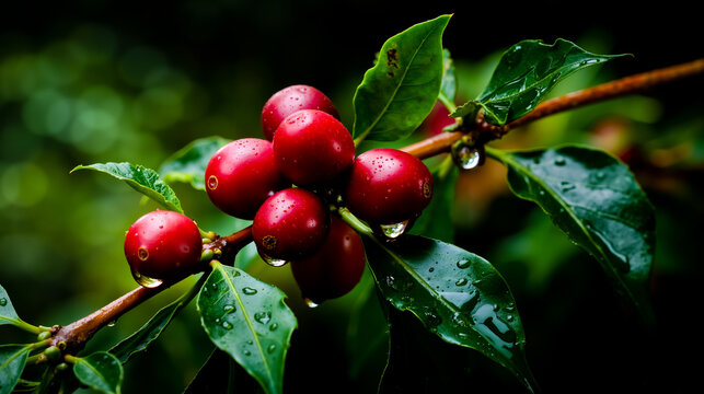 A close-up photograph of a bunch of red cherries with droplets of water on the leaves set against a blurred green background