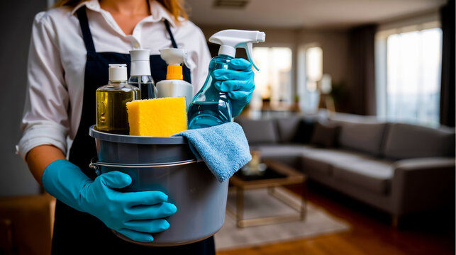 A woman in a white shirt and blue gloves is holding a bucket containing cleaning supplies