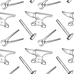 Hammer, pincers and anvil. Seamless vector pattern.