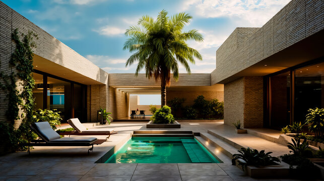 A modern outdoor pool area with a tropical tree lounge chairs and a brick building - Powered by Adobe