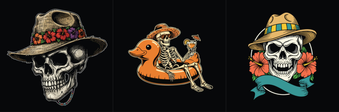 Tropical Skull and Skeleton Vacation Illustration
