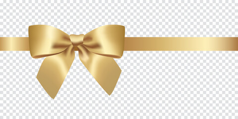 Beautiful gold bow with horizontal ribbon isolated on transparent background made in realistic style. Vector illustration.