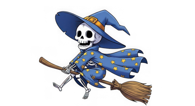 Cartoon skeleton wizard flying on a broom