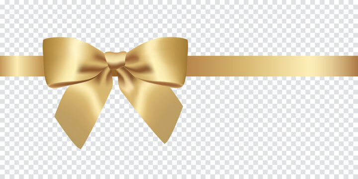 Beautiful gold bow with horizontal ribbon isolated on transparent background made in realistic style. Vector illustration.