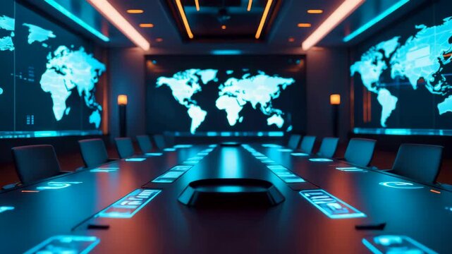 Modern boardroom with long table blue lighting and large world maps displayed on wall screens