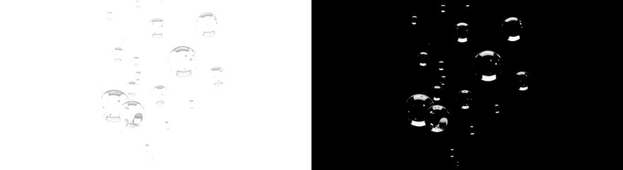 A minimalist diptych of transparent liquid bubbles floating in space, presented as a high-contrast abstract composition on both isolated black and white backgrounds for comparison