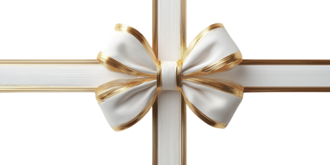 White and gold ribbon bow isolated on a transparent background