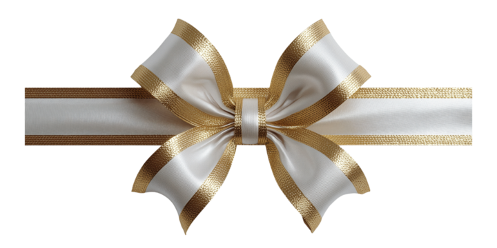 White and gold ribbon bow isolated on a transparent background 1