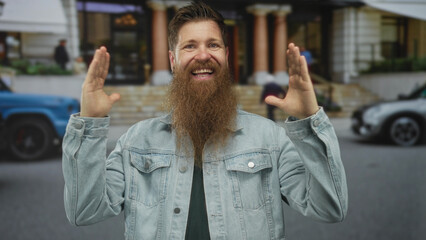 Bearded man framing urban street scene with open palms and wide grin in front of building steps on sidewalk; joy.